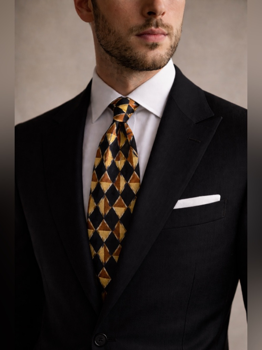 Italian Silk Tie Geometric Gold Navy Designer Handmade Luxury Pattern Necktie